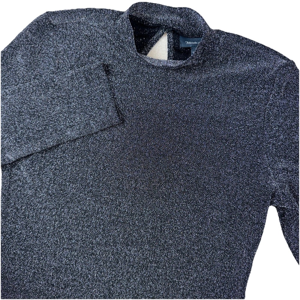 ModCloth Mock Neck Top M Black Silver Metallic Shimmer Keyhole‎ Back Long Sleeve